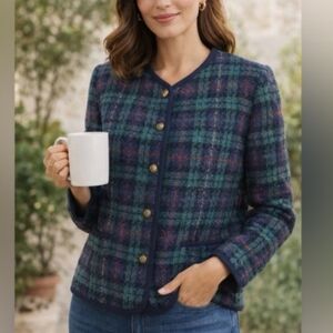 Vintage Alfred Dunner Plaid Wool Blend Jacket 12 Bouclé Button Front USA Made